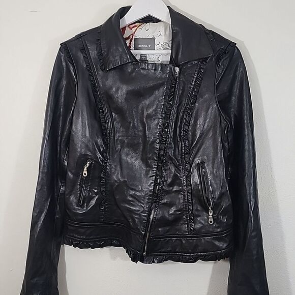 Kenna-T black leather moto ruffled leather jacket size large - Picture 10 of 11